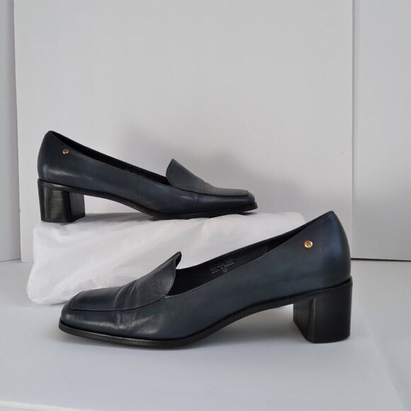 Stylish 90's Navy Leather 'Status' Slip On Square Toe Block Heel Shoes Sz 8.5 - Picture 9 of 10